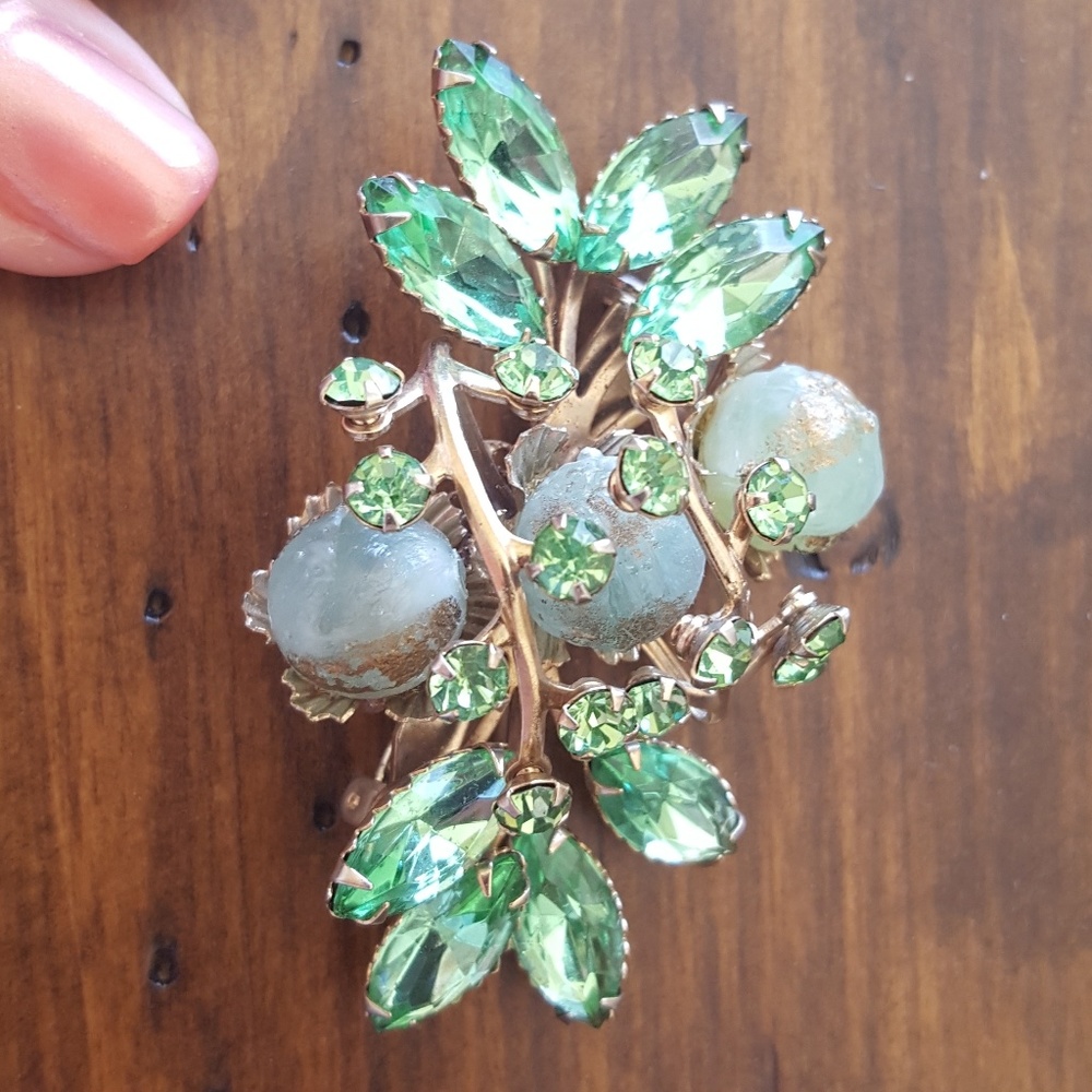 Green Rhinestone and Jade Colored Stone Brooch